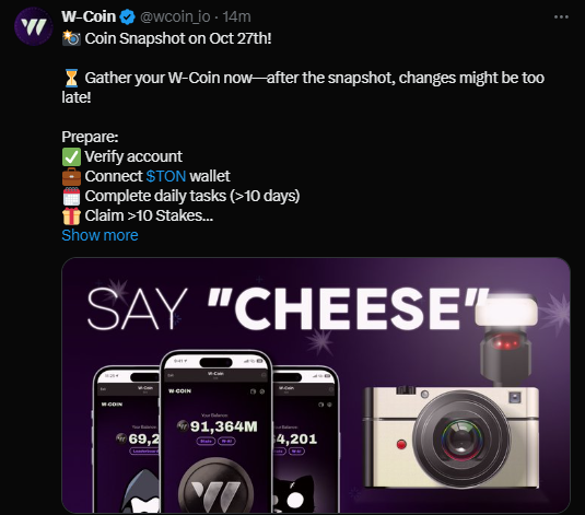 W-Coin Snapshot Annoucement On X